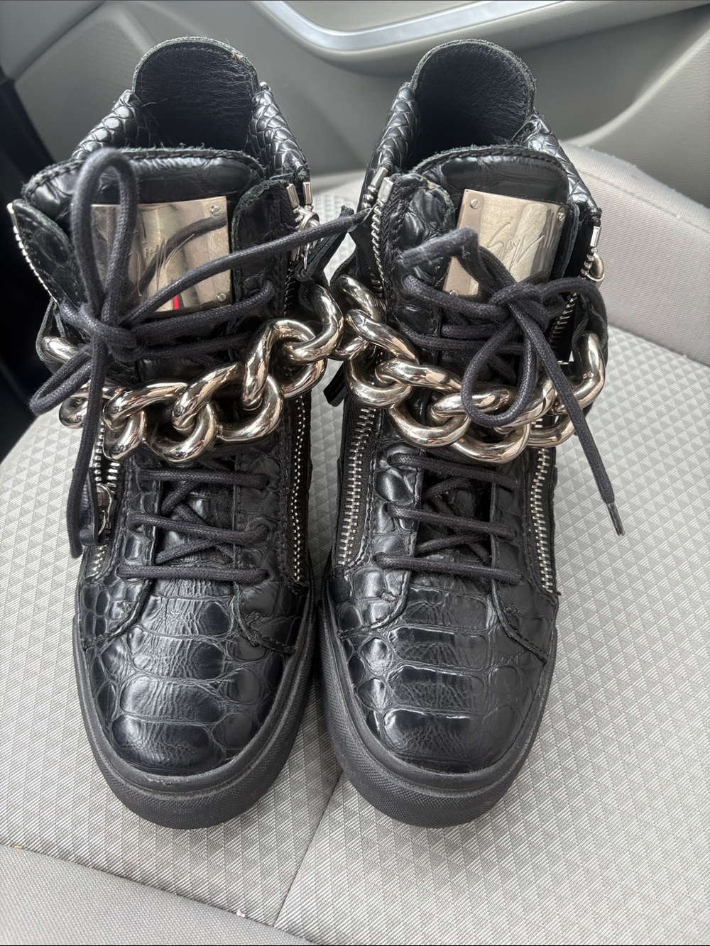 Giuseppe Zanotti High Top Black Gator Crocodile  Chrome Chain Sneakers Size 37